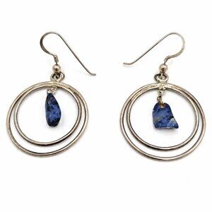 VTG Sterling Silver 925 Raw Lapis Lazuli Beaded Double Hoop Dangle Earrings RARE